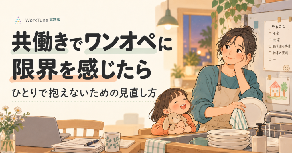 共働きでワンオペに限界を感じたとき、家事・育児をひとりで抱えないための見直し方を紹介するイラスト