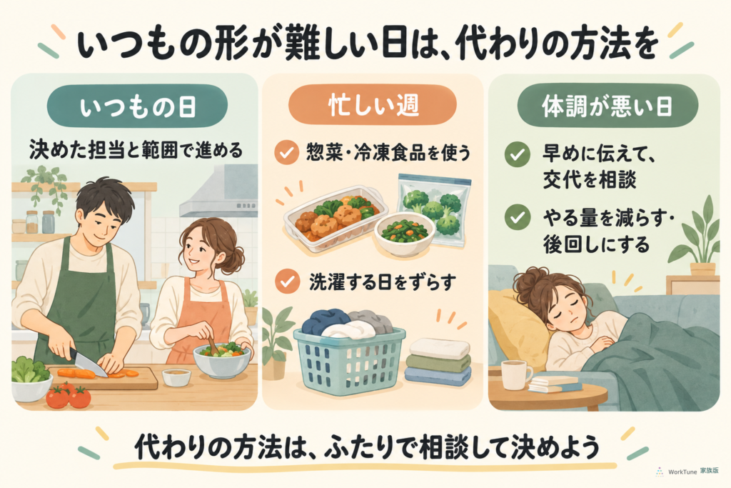いつもの日・忙しい週・体調が悪い日に合わせた家事の代替方法をまとめた図